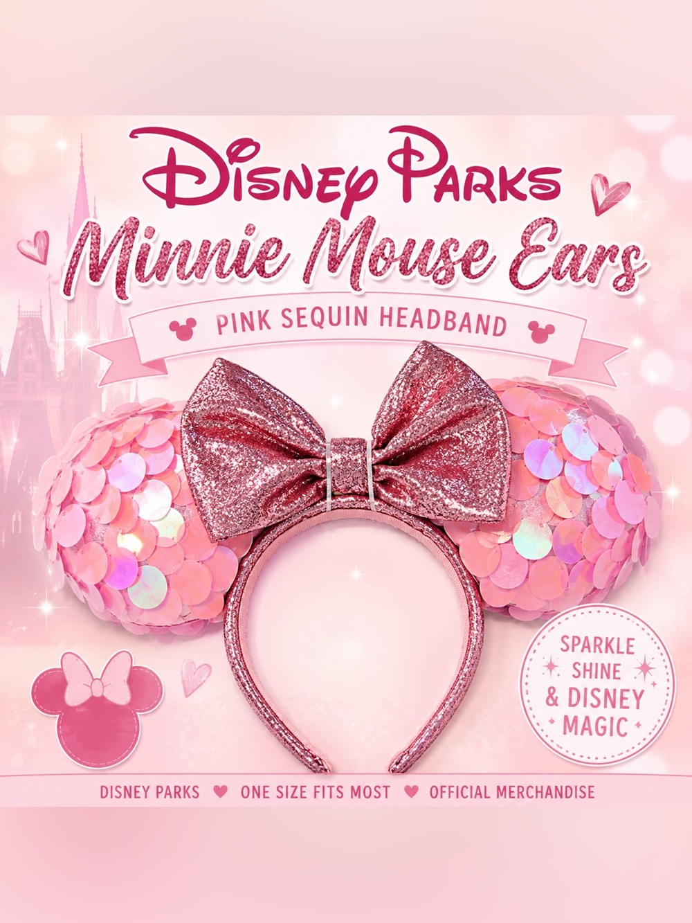 Disney Parks Pink Sequin Minnie Mouse Ears Headband | Sparkle Bow